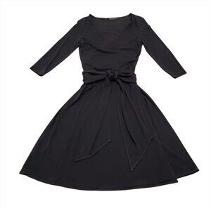 BCBGMaxAzria Black Faux Wrap Midi Dress M 3/4 Sleeve Tie Ruched Minimalist